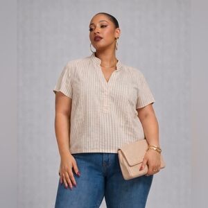 H&M | Chic Neutral Striped Split-Neck Blouse | Size 14 | Nautical/Coastal Strip